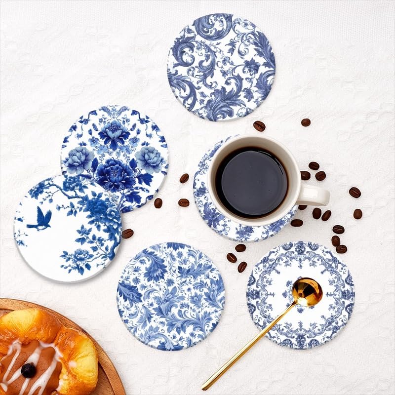 Holder / Bule and Coasters Cork Bases Ceramic Coasters / 4in/10cm / Color-2 / White / Set of 6