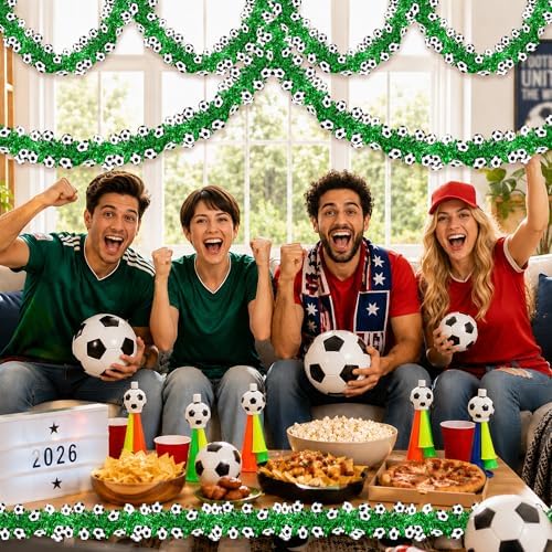 50FT Soccer Tinsel Garland, Soccer Party Decorations Green Shiny Metallic Twist Football Garland for Home Indoor Outdoor Sports Game Day Soccer Birthday, Soccer Tournament 2026