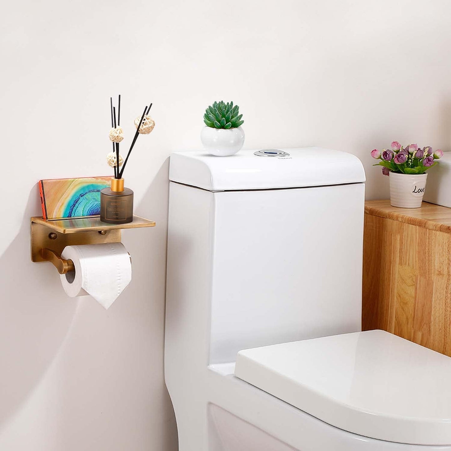 Toilet Paper Holder with Shelf, Aluminum Tissue Roll Dispenser with Mobile Phone Storage Shelf for Bathroom, 3M Self