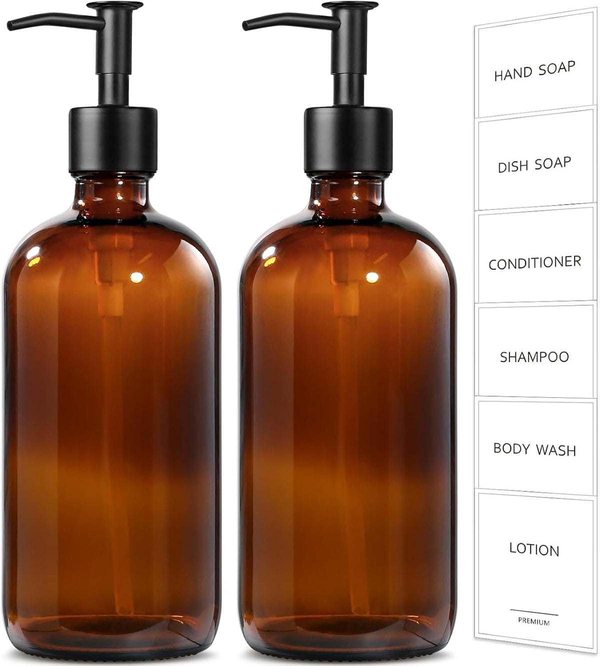 GMISUN Amber Glass Soap Dispenser, 2 Pack Bathroom Hand Soap Dispensers with Stainless Steel Pump, 17 Fl Oz Kitchen