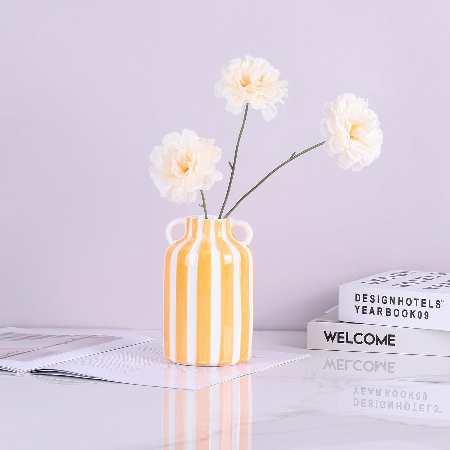 Ceramic Striped Checkered Vase / Yellow White