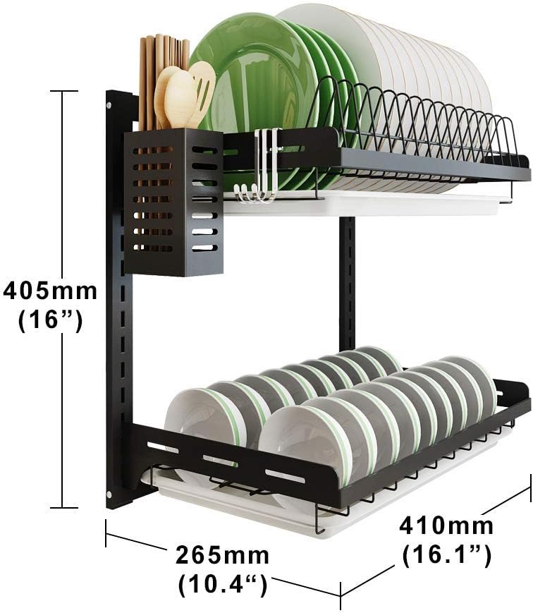 junyuan Kitchen Dish Rack,Hanging Dish Drying Rack Organizer Storage Shelf Over Sink,2 Tier Wall Mount Bowl Holder with