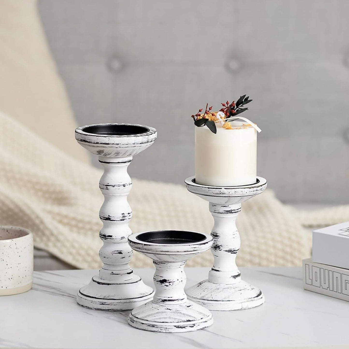 Wood Candle Holders for Pillar / White Black / XS+S+M / Set of 3