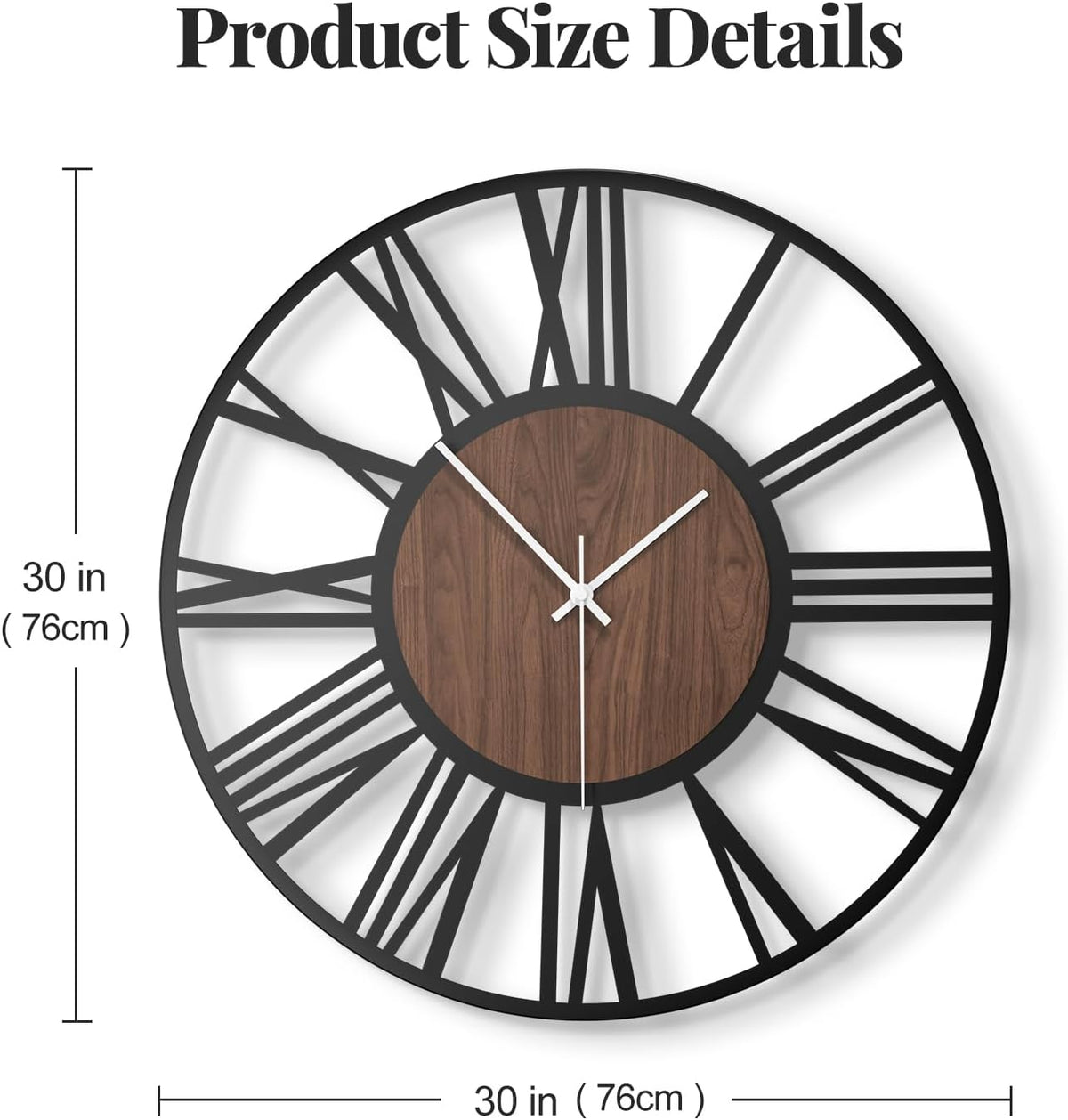 Cuspin 30 Inch Large Wall Clock Black Metal Frame with Walnut Wood Dial | Battery operated, Silent non ticking, Roman