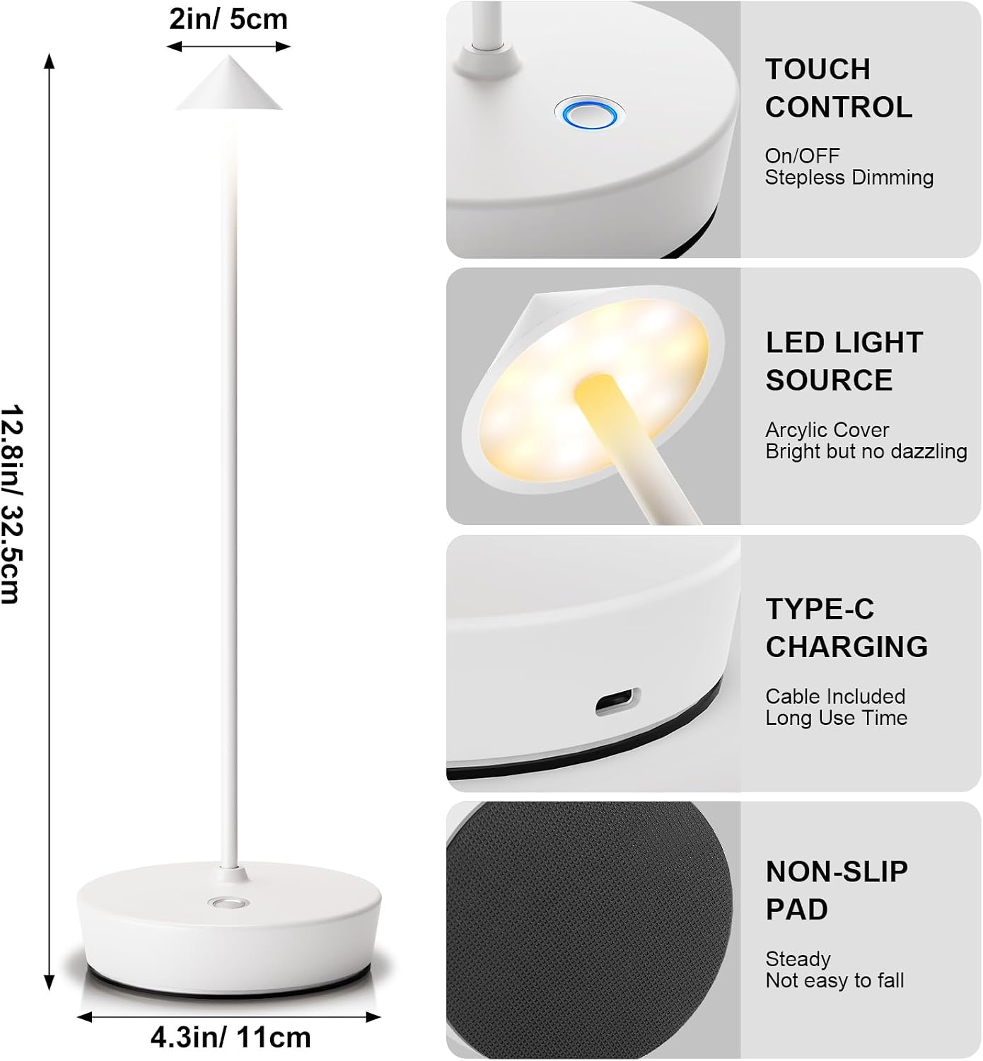 2Pack Rechargeable Cordless Table Lamp, Portable Powered LED Battery 6000mAh Metal USB Desk Lamp, 3 Levels Brightness