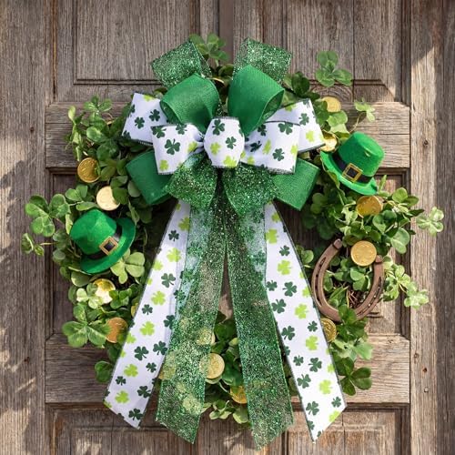 Suncalla 4 Pack Large Spring Bows for Wreath 21x11 Inch Green Shamrock Tree Topper Bow Clover Burlap Bowknot Holiday Crafts with Wired Edge for Basket Front Door Wall Outdoor Decor Ornament