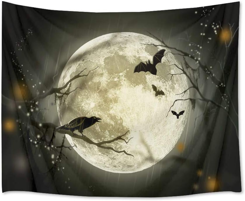 LB Halloween Full Moon Tapestry Wall Hanging Creepy Halloween Night Black Bat Crow Taspestry Wall Art Blanket for Bedroom Living Room Dorm Home Wall Decor, 59x51 Inches