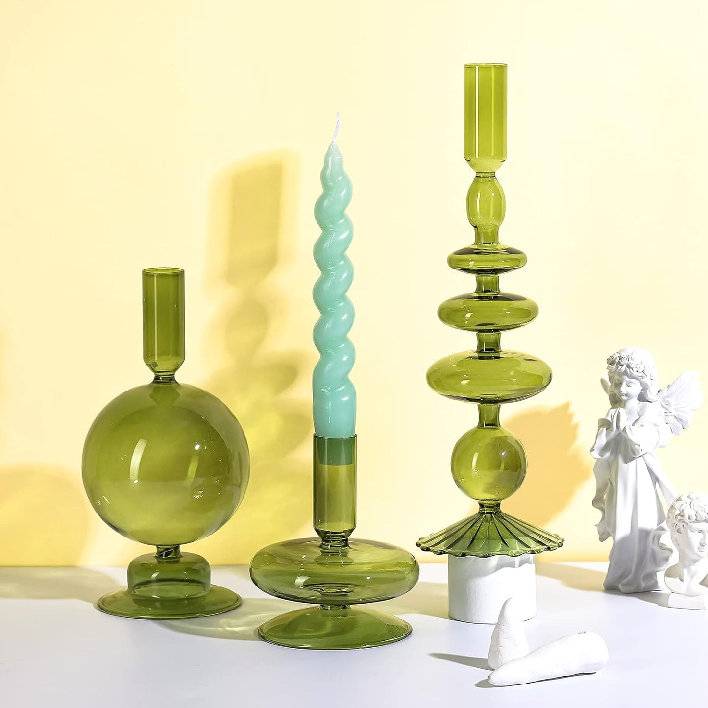 Rtteri 3 Pcs Iridescent Glass Candlestick Holders Taper Candle, Green | Taper Candles Holder, Wavy Glass Holder Stable