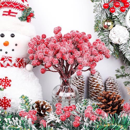 Fangoo 20 Pack 7 Inch Artificial Red Berry Picks for Christmas Tree Burgundy Red Berries Stems Holly Berry Branches Ornaments Wreath Crafts Wedding Holiday Season Winter Home Decor (Sprays Snow Red)