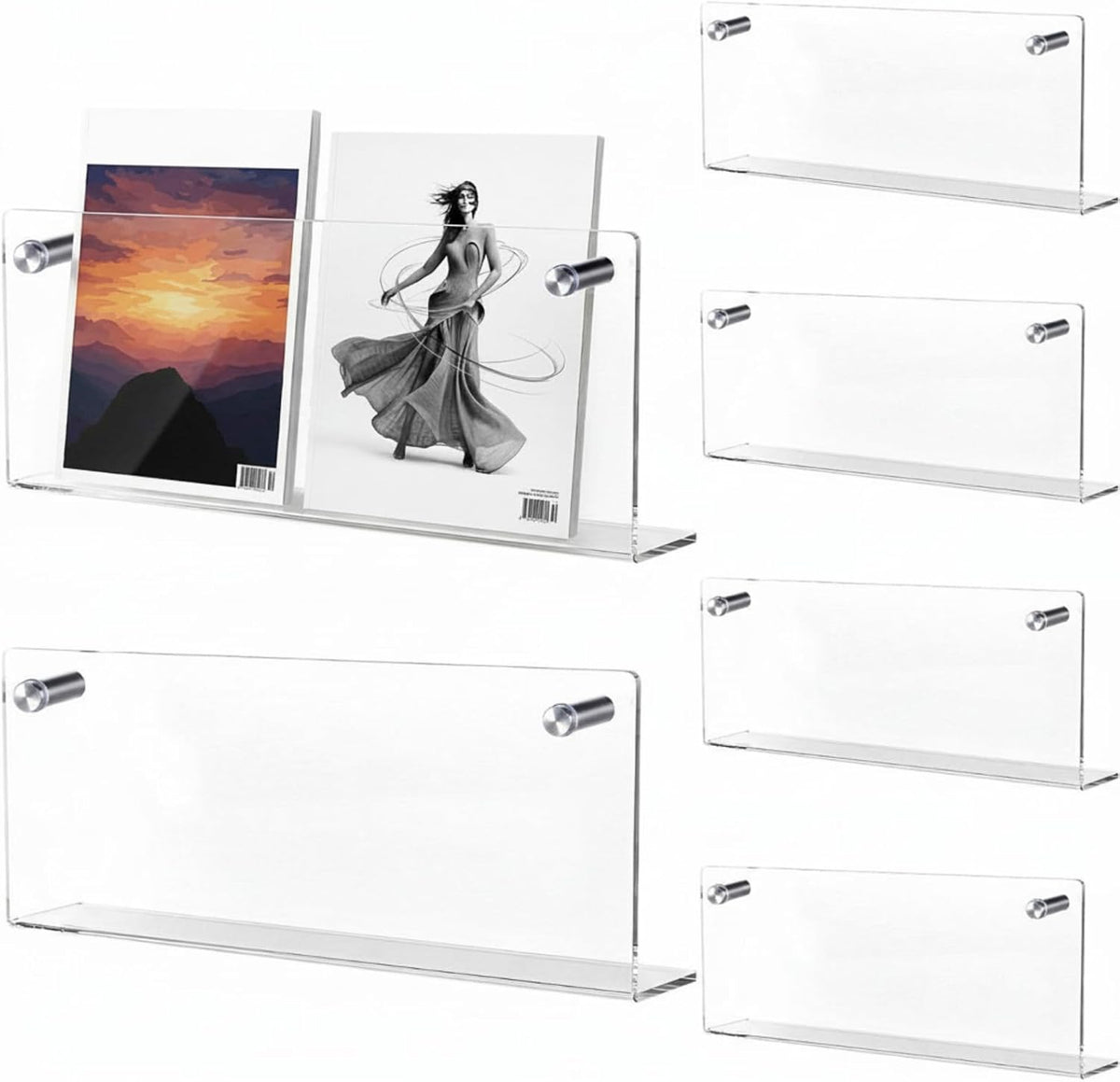 6 Pack Clear Acrylic Magazine Holder Brochure Holder Wall Mount Hanging Bookshelf Literature Storage Rack for Document