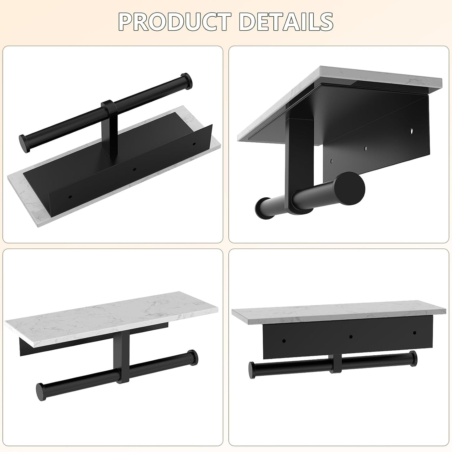 Marble Toilet Paper Holder with Shelf Doulble Bathroom Tissue Roll Holder | Matte Black 304 Stainless Steel Toilet