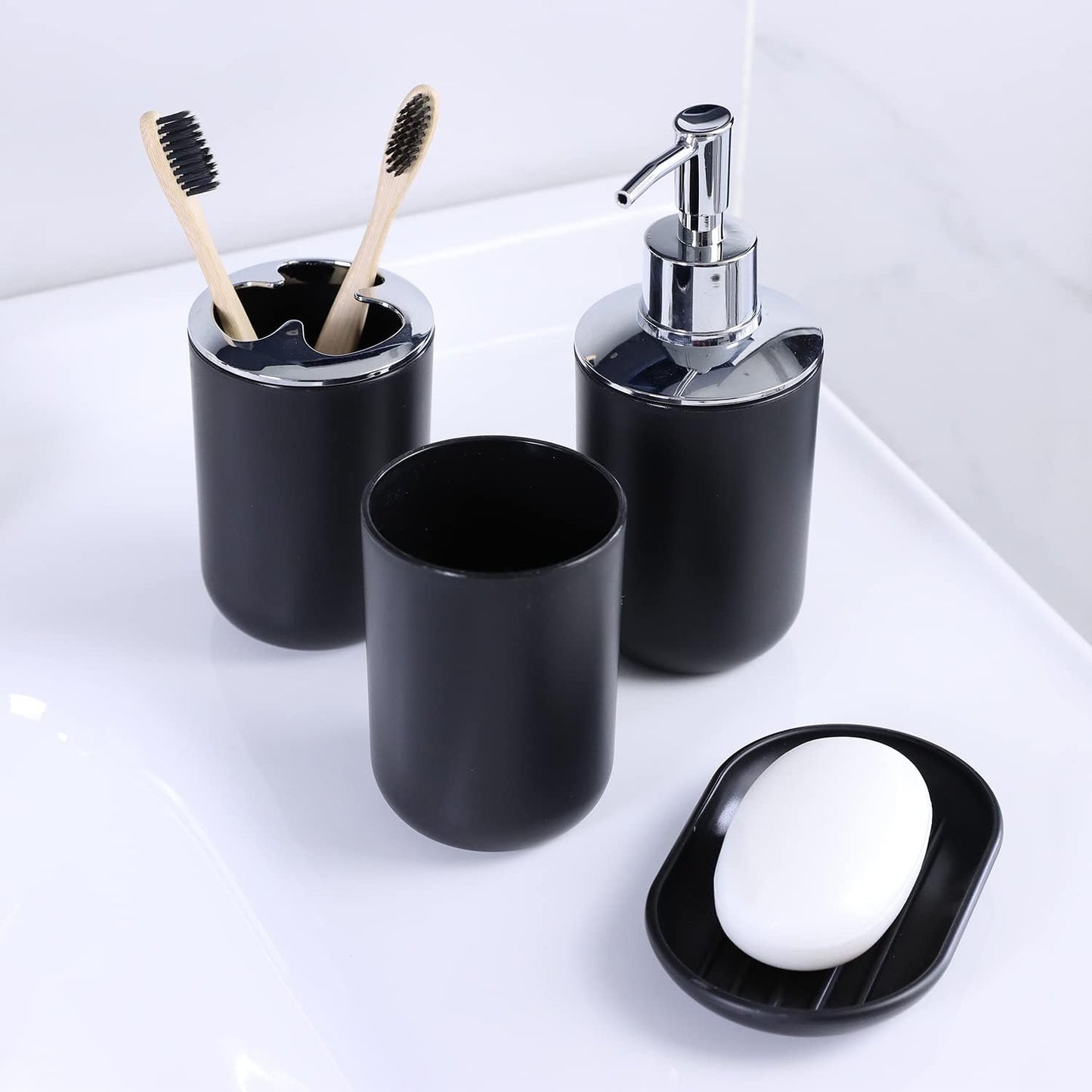 IMAVO Bathroom Accessories Set,Black Bathroom Set,9 Pieces Bathroom Accessory Set,Tray,Qtip Holders,Toilet Brush,Trash