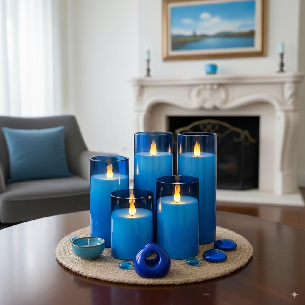 Homemory Blue Flickering Flameless Candles, Battery Operated Acrylic LED Pillar Candles with Remote Control and Timer