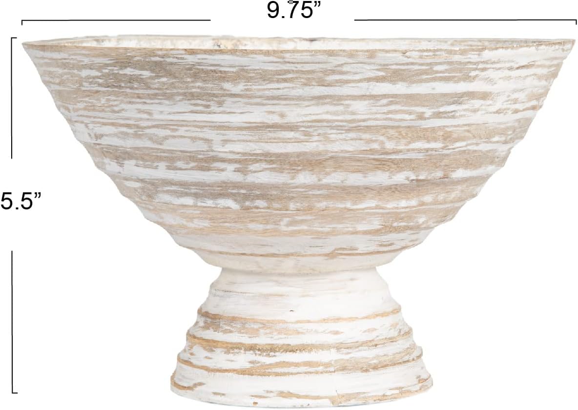 Boho Wood Pedestal Serving Bowl / 9-3/4" Round / White Wash