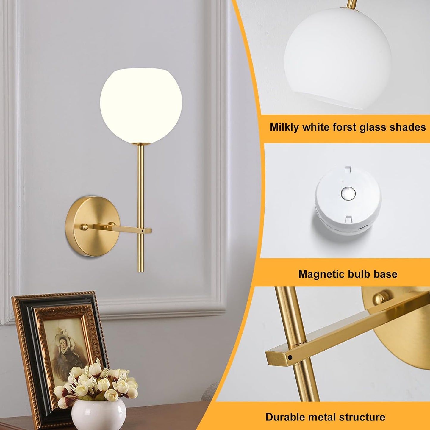 Gold Battery Operated Wall Sconces Set of 2, Rechargeable Wireless Wall Lights with Milky White Frosted Glass Shade, 12