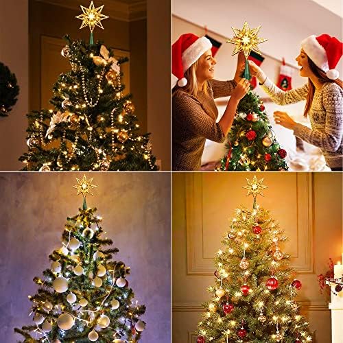 ODEETRONIC Christmas Star Tree Topper, 8 in 120V UL Certified Double Sided 8-Point Star Christmas Treetop Lights, Indoor Lighted Xmas Treetop for Bedroom Home Party Wedding Decor, Gold, Warm White