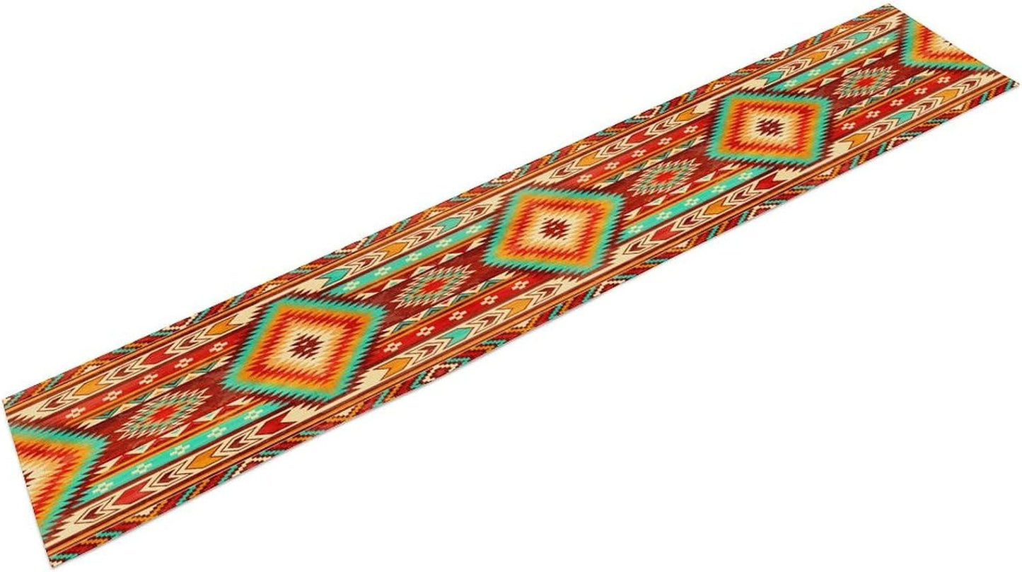 Aztec Southwest Table Runner,Ethnic Style Design Boho Geometric Pattern Printed Linen Table Runner for Home Kitchen