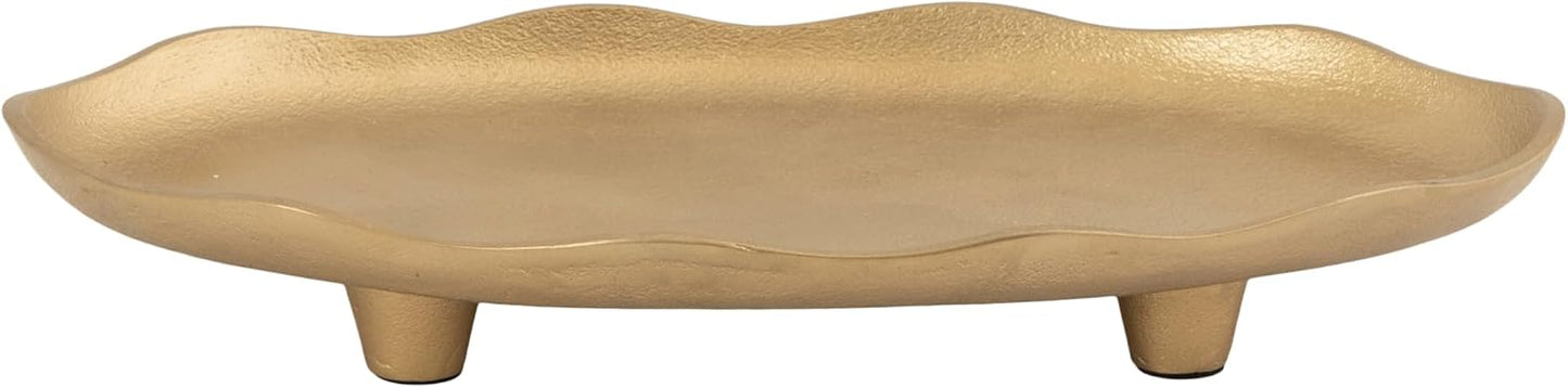 Alessia Modern Decorative Scalloped Oval Footed Metal Tray / Gold / 14 x 8