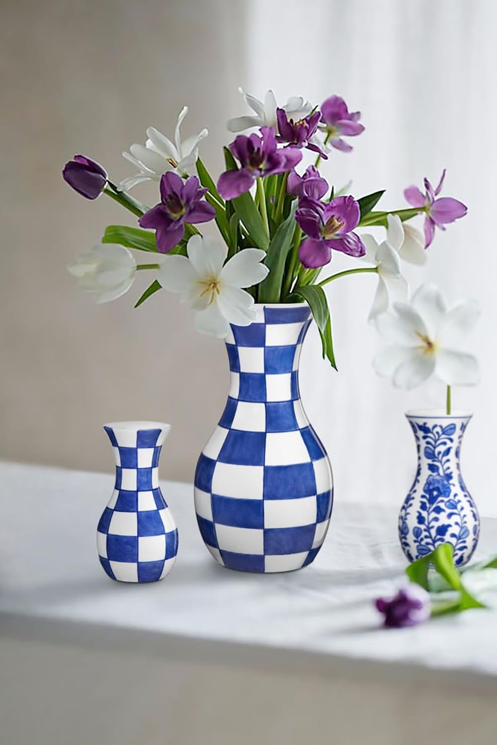 Tall Ceramic Vase in Wide Mouth Plain Pattern / # Plain Texture / Blue / 11 Inch