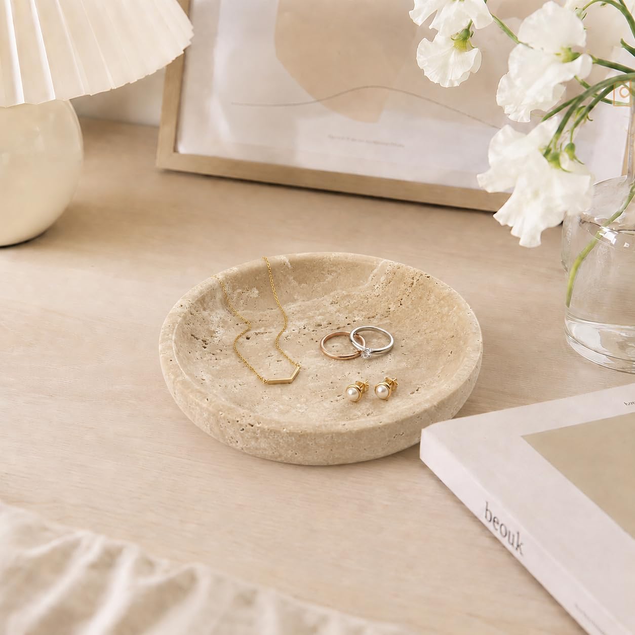 Small Natural Marble Jewelry Tray Key Plate Holder Dish Trinket Decor Catch All / Beige Travertine