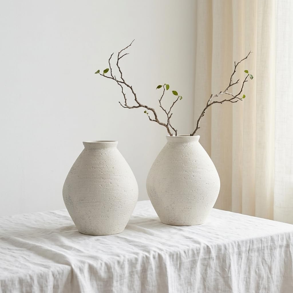Rustic Ribbed Textured Floor Vase / Off-white-11.8 Inch Large / 11.8 Inch