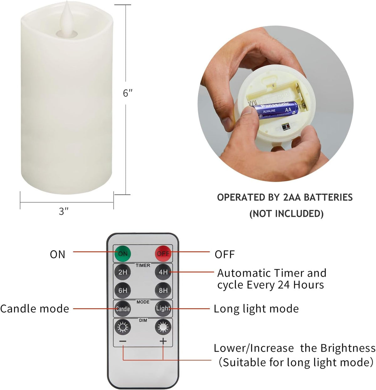 Flameless LED Candles 3"x6" Set of 2, Battery Operated with Remote & Timer, 600-Hour on 2 AA Batteries, Flickering