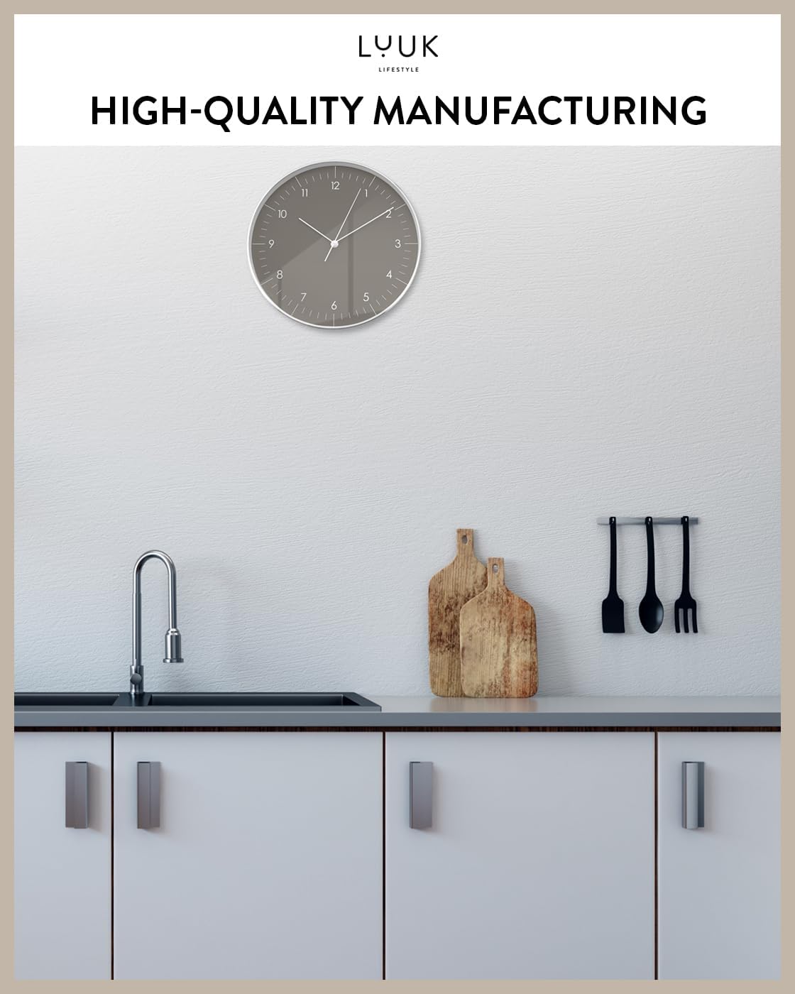 Modern Silent Quartz Wall Clock, 12in, Dark Grey & Gold | Chic & Minimalist, Non-ticking, Analog, Arabic numerals