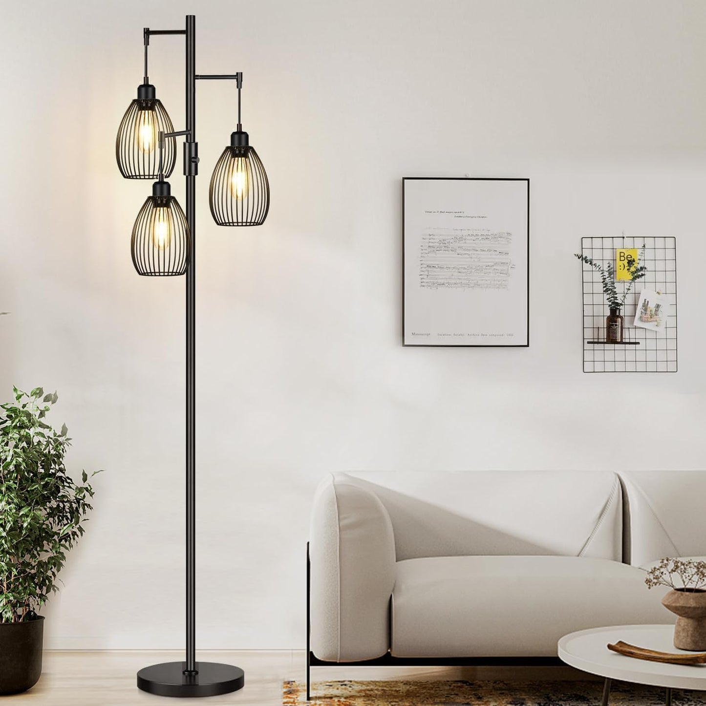 Dimmable Floor Lamp, 3 x 800LM LED Edison Bulbs Included, Farmhouse Industrial Floor Lamp Standing Tree Lamp with