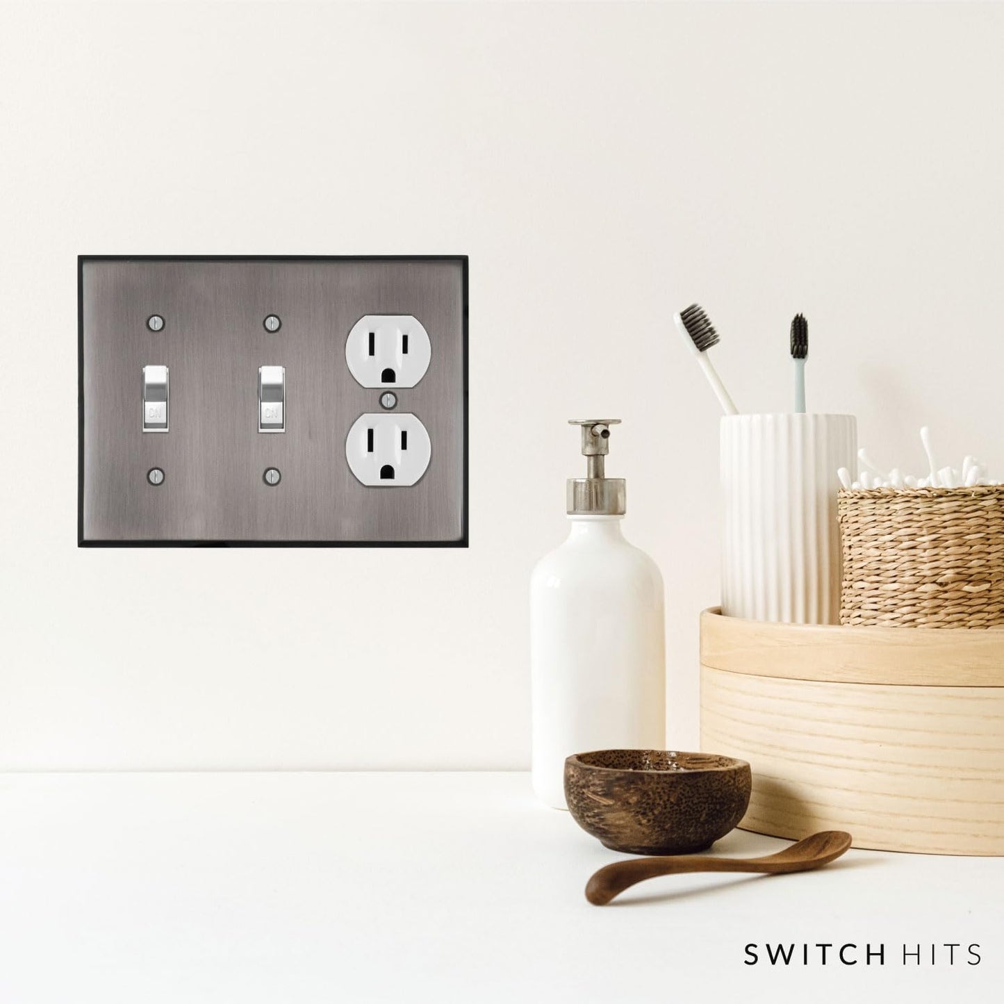 Antique Pewter Outlet Wall Plate | 2 Toggle - 1 Duplex | 6.25" x 4.5" | Hand-Polished Brass Construction | Electrical