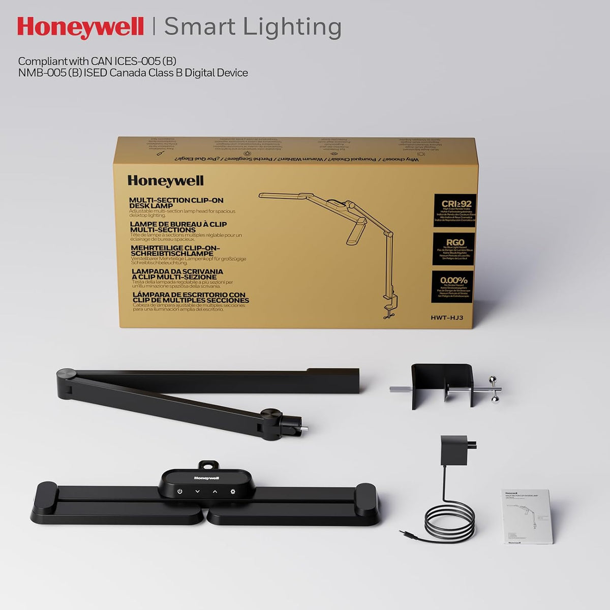 Honeywell HJ3B Sunturalux LED Clamp Desk Lamp for Computer Architect | Eye-Caring, CRI≥92, 4 color temps 3000K-5700K