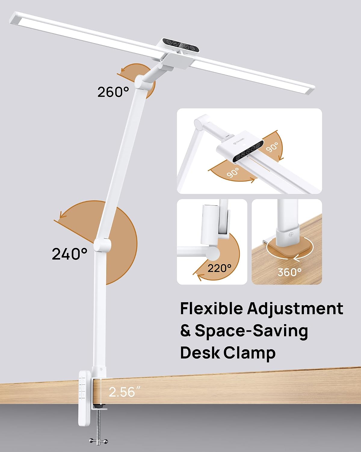 TROND LED Desk Lamp with Clamp, 29.55'' Tall Desk Light with Remote, White | 1500LM Bright Table Lamp, Swing Arm Clip