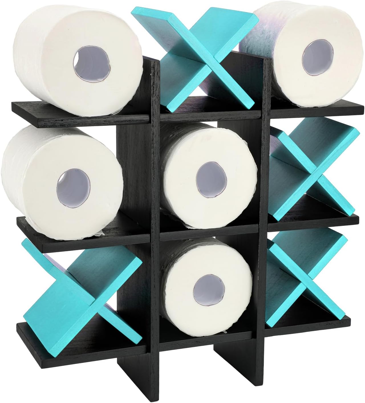 Weysat Tic Tac Toe Toilet Paper Holder,Black, Blue | Farmhouse Bathroom Decor, Freestanding or Wall Mount Storage for