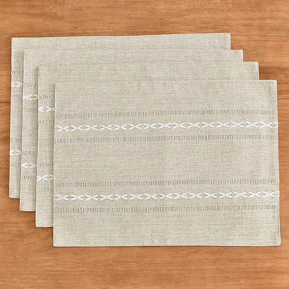 Wracra Cotton Linen Place Mats, Coffee Embroidered Placemats Set of 6 | Placemats 12 x 18 Inch; Cotton Linen Woven
