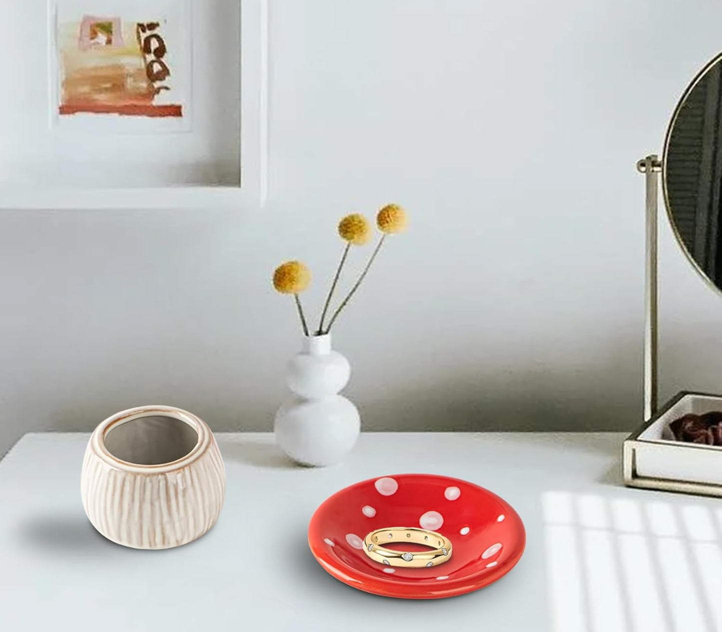 Mushroom Ring Holder Jewelry Tray Dish Ceramic Trinket Storage Jar Mini Engagement Ring Holder / Red