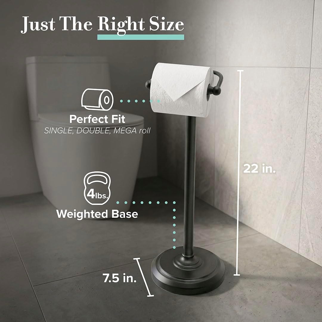 Gatco 1436MX Toilet Paper Holder Stand, Weighted Base, Matte Black, Freestanding Bathroom Floor Stand, 22 Inch