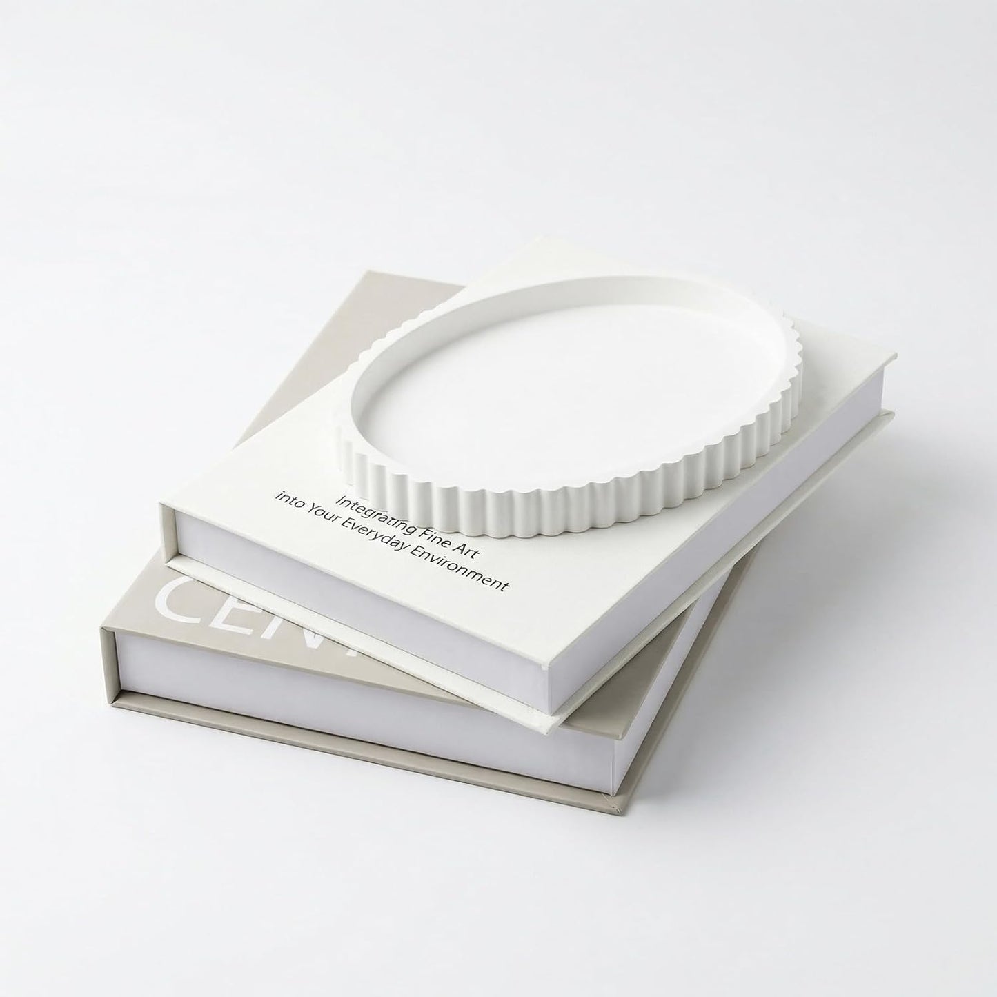 Decorative Book Box and Scalloped Tray Set / Ivory and White