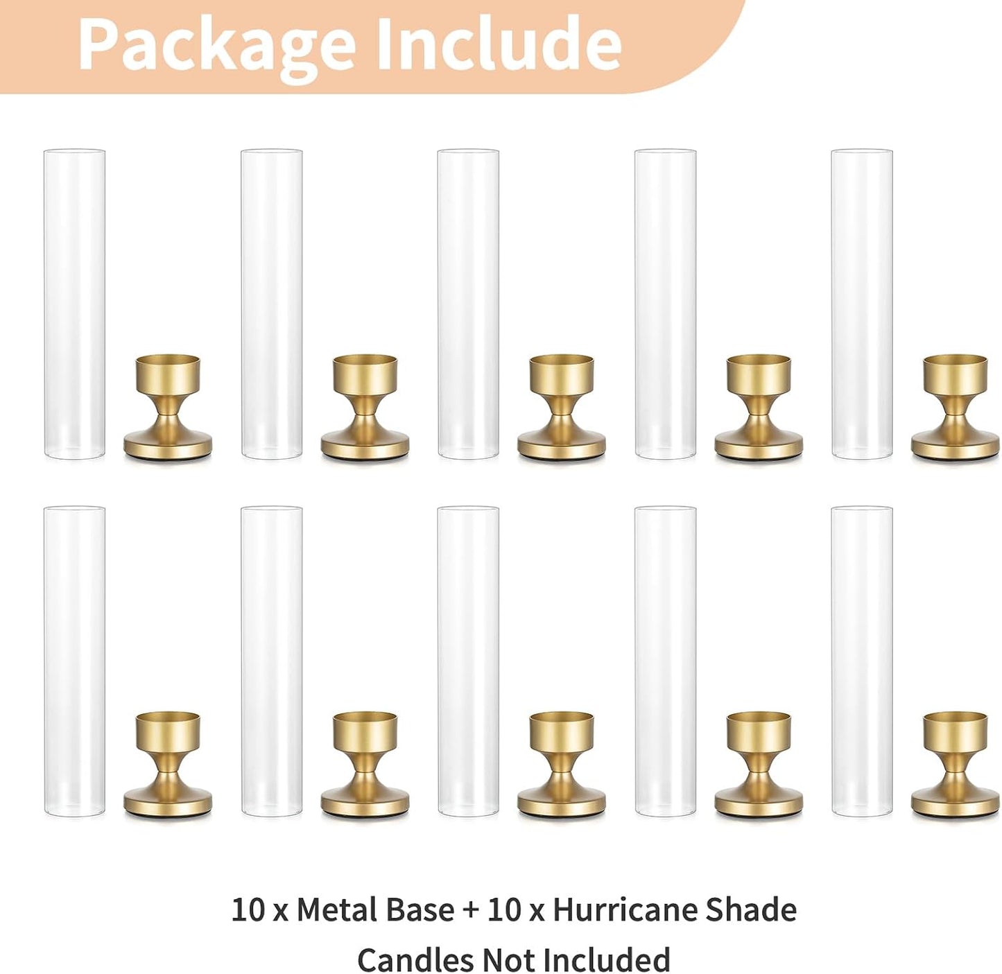 NUPTIO Hurricane Glass Candle Holder: Set of 10 Metal Taper Candle Holders | Gold Candlestick Holders Bulk with Sleeves