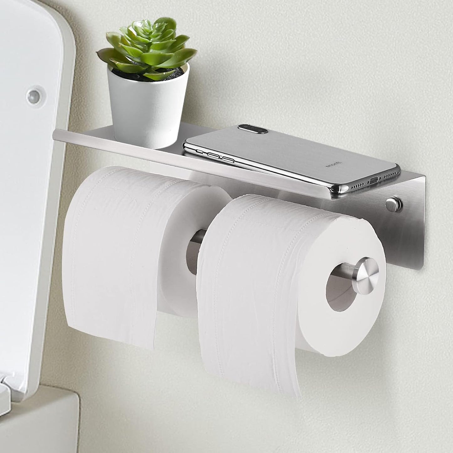 Toilet Paper Holder with Shelf, Double Roll Holder, Brushed Nickel | 304 Stainless Steel, Wall Mounted, Anti-Drop