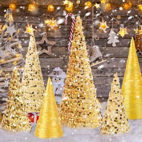 6 Pcs 12" 10" 6" Christmas Cone Tree Decorations Velvet Christmas Silk Gold Glitter Table Decor Farmhouse Flocked Tiered Tray Ornament Xmas Tree for Home Holiday Entryway Tabletop Centerpiece Decor