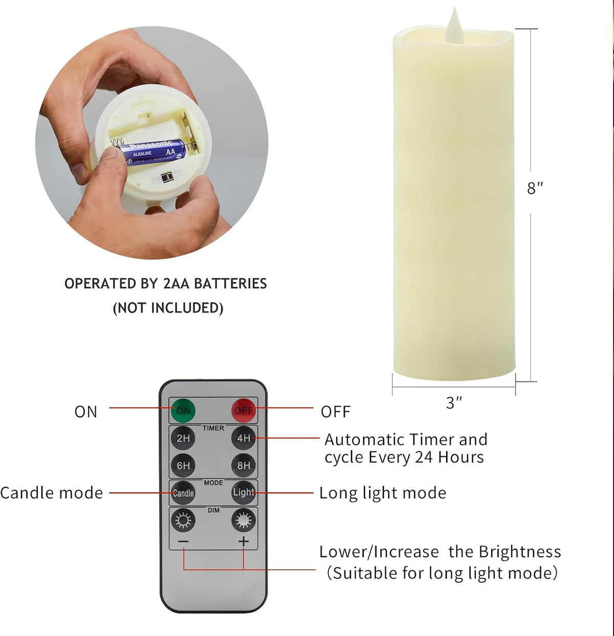 Flameless LED Candles 3"x8" Set of 1, Battery Operated with Remote & Timer, 600-Hour on 2 AA Batteries, Flickering