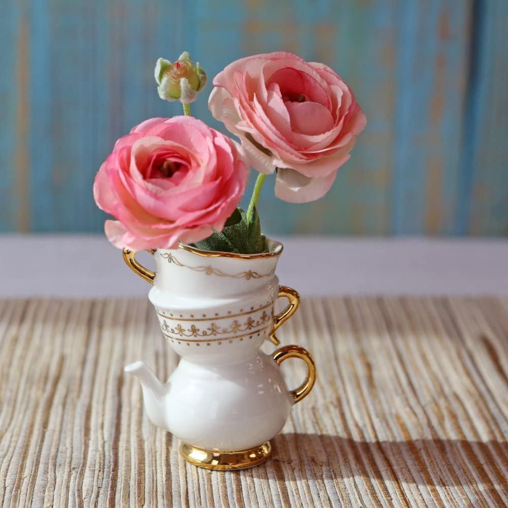Vintage Tea Party Antique Look Mini Ceramic Bud Vases / Tea Cup / 3.7 Inch / Set of 2