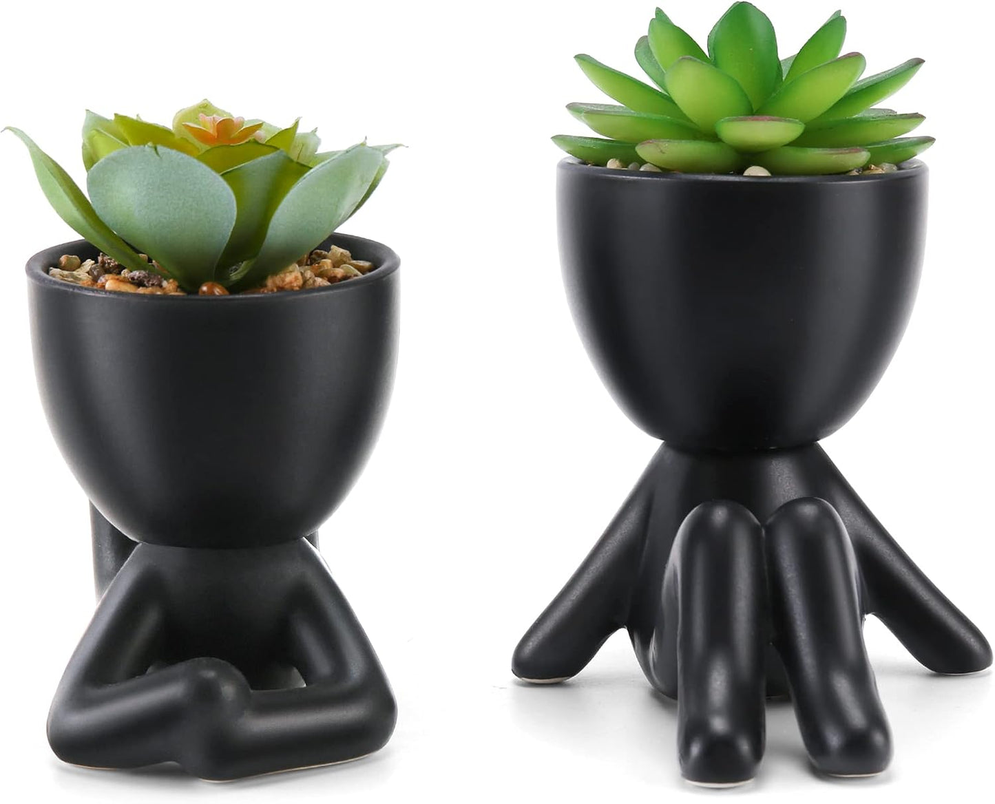 Mini Succulents Plants Artificial in Black Modern Human Shaped / Black Ceramic Pot A Green Succulent
