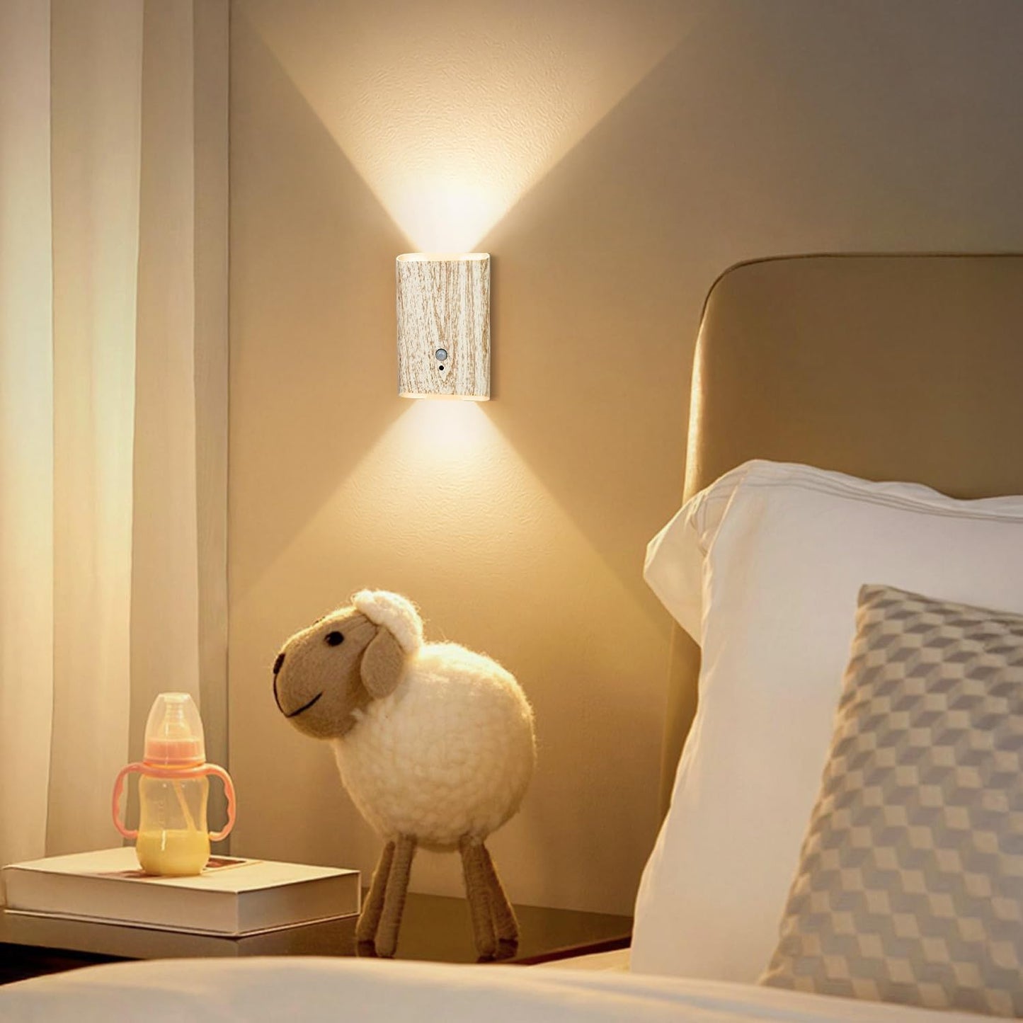 Rechargeable Motion Sensor Wall Sconce Set of 2 (Wood) | 5000mAh Battery Operated Wall Light Indoor, 3 Colors Up/Down