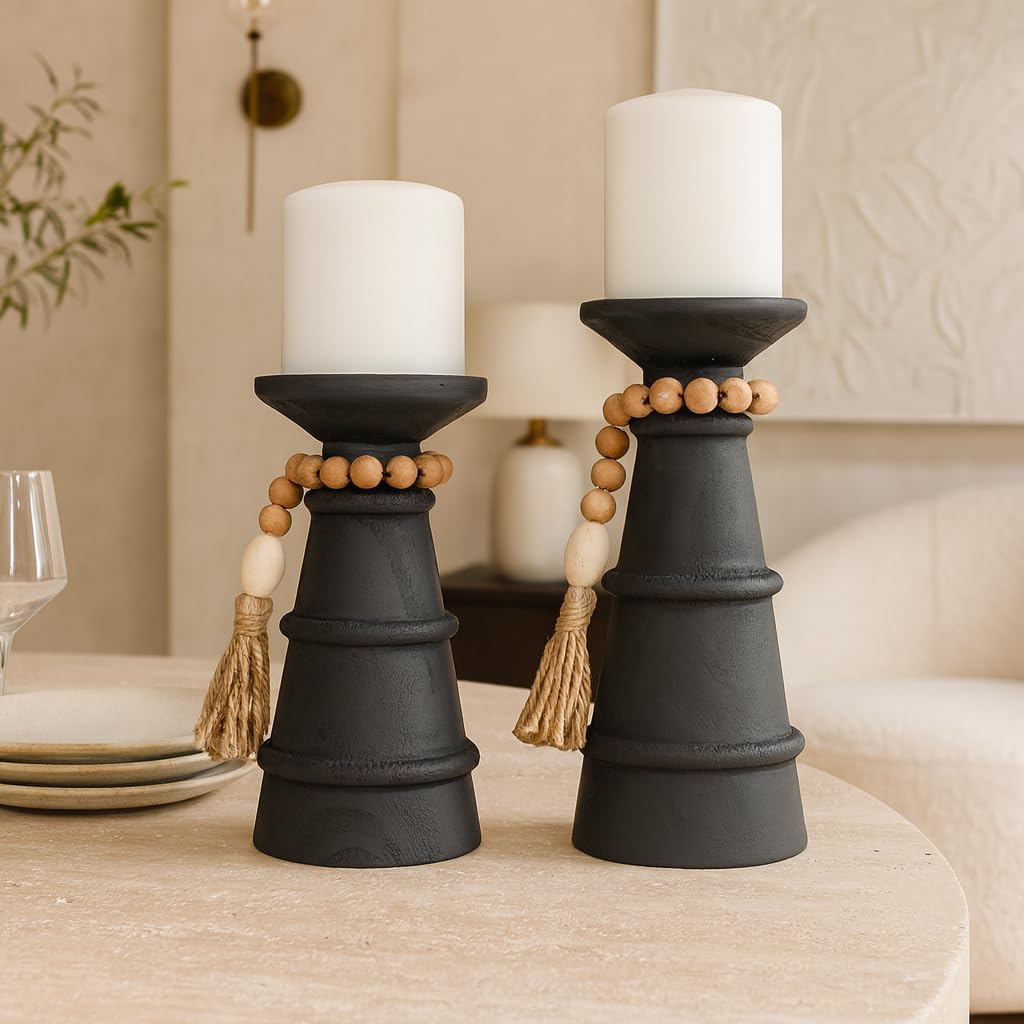 Deco 79 Wood Handmade Decorative Candle Holder Textured Matte Candle Stand with Beaded Garland Accent, Set of 2