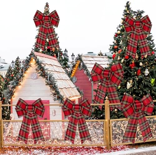 2 PCS Christmas Bows for Wreaths, 12" x 18" Red Christmas Decorations, Buffalo Plaid Christmas Tree Bow White Black Red Christmas Bows for Outside PVC Large Red Christmas Bows for Fence Fireplace
