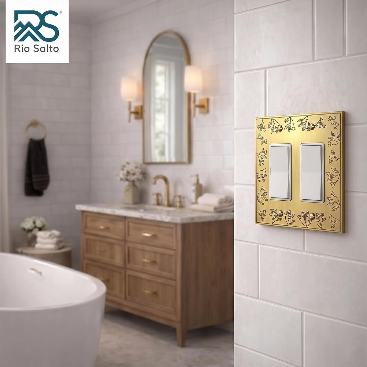 Rio Salto Brushed Gold Decorative 2 Light Switch Cover Double Rocker Switch Plate 2 Gang Rocker Wall Plate Decorator