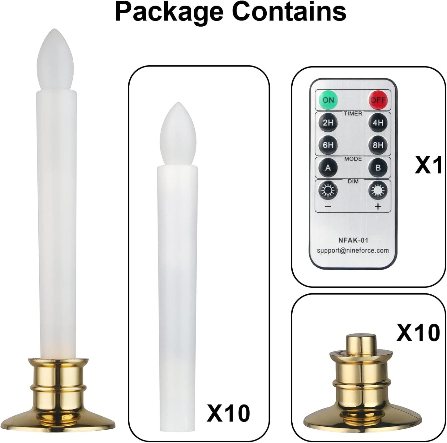 10 Pack Flameless LED Taper Candles with Remote & Timer – Battery Operated Flickering Window Candlesticks with Gold