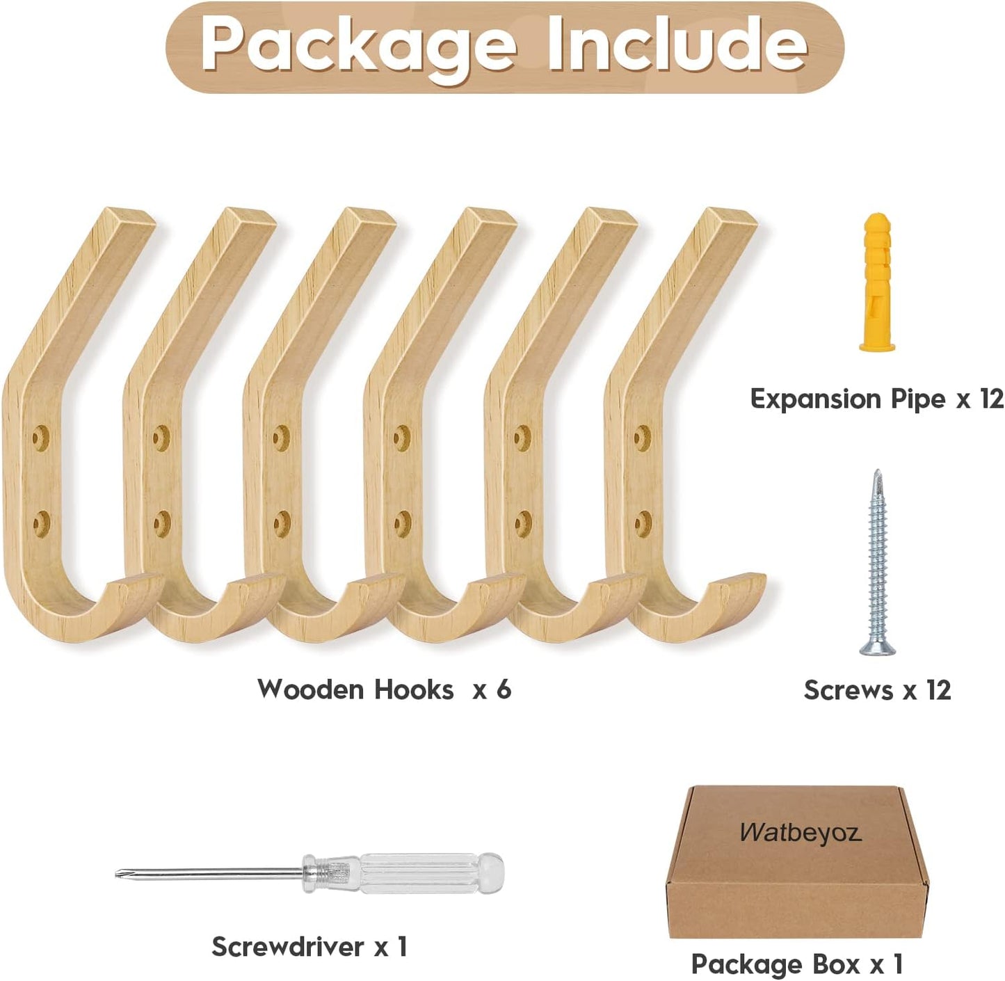 Wooden Coat Hooks Wall Hooks / Natural / Set of 6