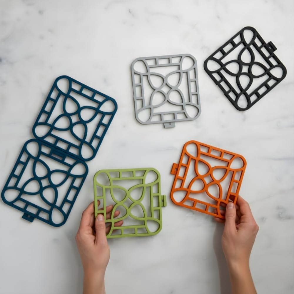 4-Pack Trivets for Hot Dishes - Blue Interlocking Hot Pads for Kitchen, Coffee Bar Essentials, Silicone Mats for