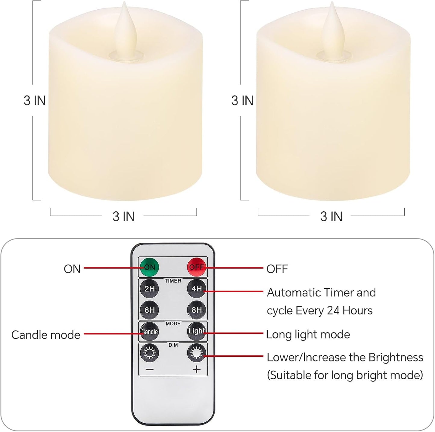 3x3 Flameless Candles Battery Operated with Remote Timer, Last 600 Hours Battery Candles Flickering, Ivory Real Wax